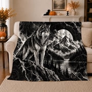 Majestic Wolf Moon Wilderness Scenery, Peaceful Mountain Lake Scene, Warm Flannel Blanket for Cabin and Lodge with Detailed Artwork, Outdoor Lovers Camping Gift, Artistic Home Decor