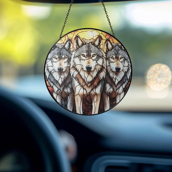 Majestic Wolf Pack 2D Flat Stained Glass Window Hanging - Fierce Howling Wolves Sun Catcher - Wild Forest Spirit Animal Decor for Home, Car, or Office - Unique Gift for Wolf Lovers