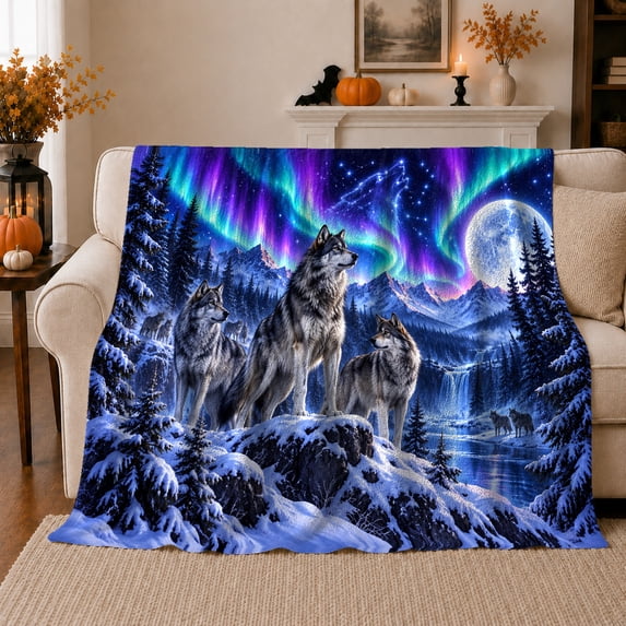 Majestic Wolf Pack Northern Lights Wilderness, Peaceful Mountain Lake Scene, Warm Flannel Blanket for Cabin and Lodge, Outdoor Lovers Valentine's Day Gift, Fantasy Home Decor