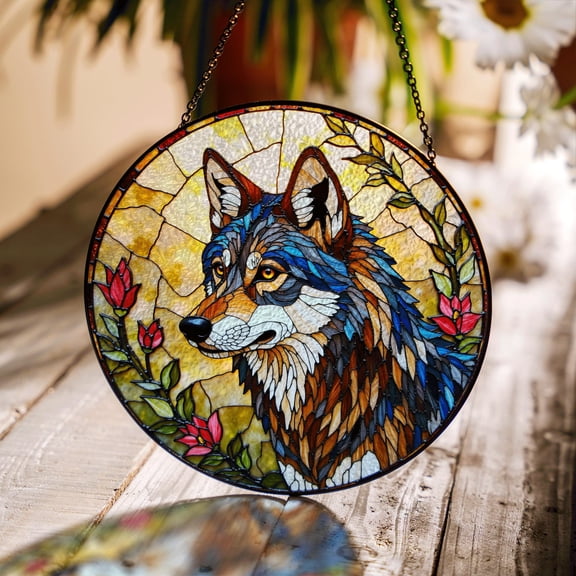 Majestic Wolf Stained Glass Suncatcher, Forest Window Hanging, Strong Gift for Animal Lovers Birthday Christmas