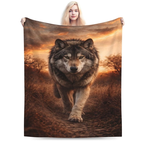 Majestic Wolf Sunset Blanket Wild Animal Nature Throw Soft Cozy Fleece Rustic Cabin Home Decor Gift for Adults 50x40
