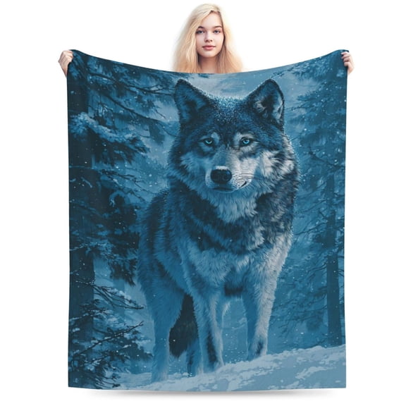 Majestic Wolf Throw Blanket, Realistic Winter Snow Wildlife Art Soft Flannel Fleece, Rustic Cabin and Lodge Decor for Sofa Bed 50x40