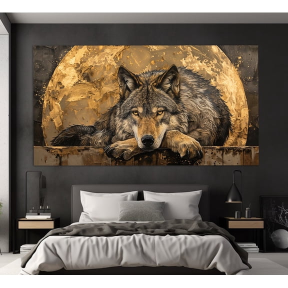 Majestic Wolf Under Golden Full Moon Canvas Wall Art 16x24 UNFRAMED