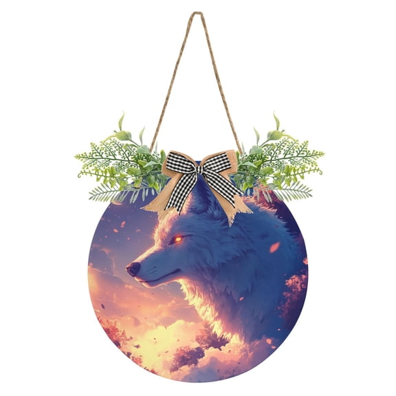 Majestic Wolf with Twilight Front Door Porch Decoration Hanging Sign with Artificial Green Plants and Bow for Home Outdoor Indoor