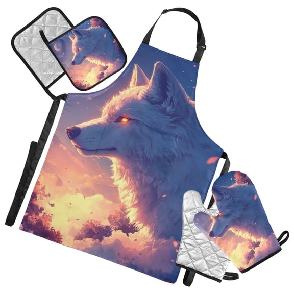 Majestic Wolf with Twilight Oven Mitts and Pot Holders with Chef Apron Set 5 Pcs Kitchen Cooking Set
