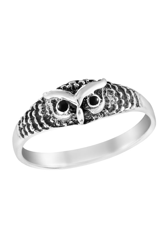 Majestic and Wise Owl Head Black Onyx Sterling Silver Band Ring-9