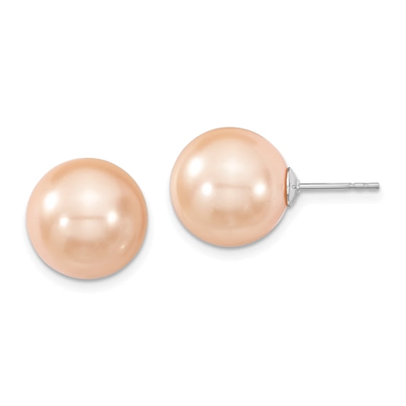 Majestik Sterling Silver 12-13mm Pink Imitation Shell Pearl Stud Earrings Sterling Silver Earrings