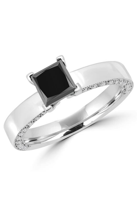 1.7 CTW Princess Cut Black & White Diamond Solitaire Engagement Ring in 14K White Gold - Size 6