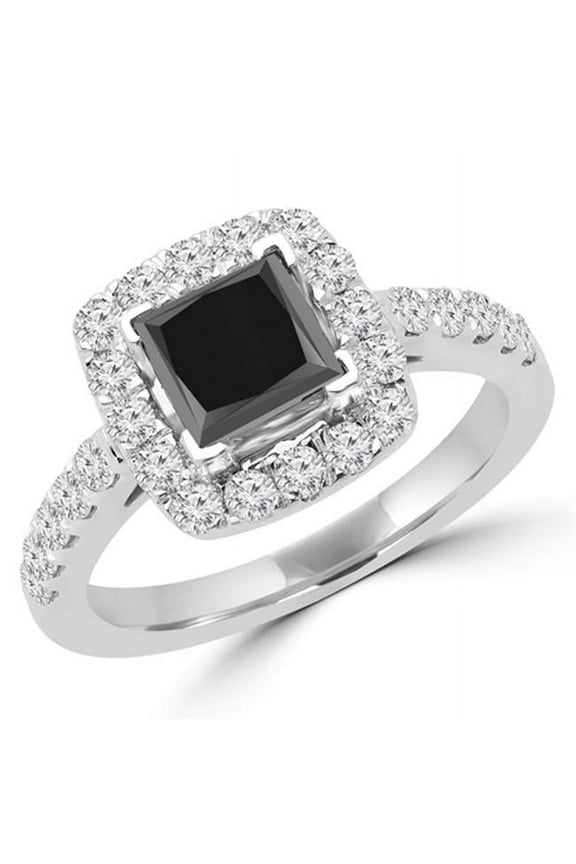 MD160362-7.75 1.88 CTW Princess Cut Black & White Diamond Halo Engagement Ring in 14K White Gold, Size 7.75