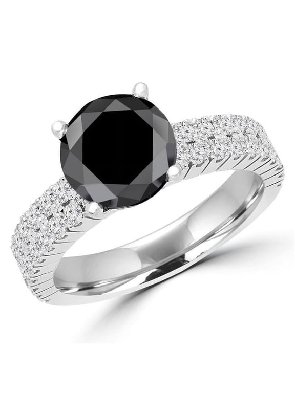 MD170108-6.25 3.6 CTW Round Black Diamond Two Row Solitaire with Accents Engagement Ring in 14K White Gold - Size 6.25