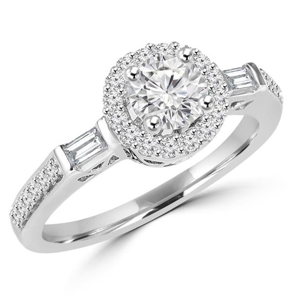 Majesty Diamonds MD180033-7 0.87 CTW Round Diamond Vintage Halo Engagement Ring in 14K White Gold with Baguette Sides - Size 7