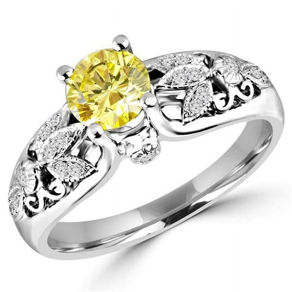 Majesty Diamonds MD180130-4.75 0.9 CTW Round Canary Yellow Diamond Vintage Solitaire with Accents Engagement Ring in 14K White Gold - Size 4.75