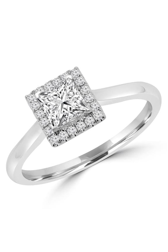 MD180476-5.5 0.62 CTW Princess Diamond Promise V-Prong Halo Engagement Ring in 14K White Gold - Size 5.5