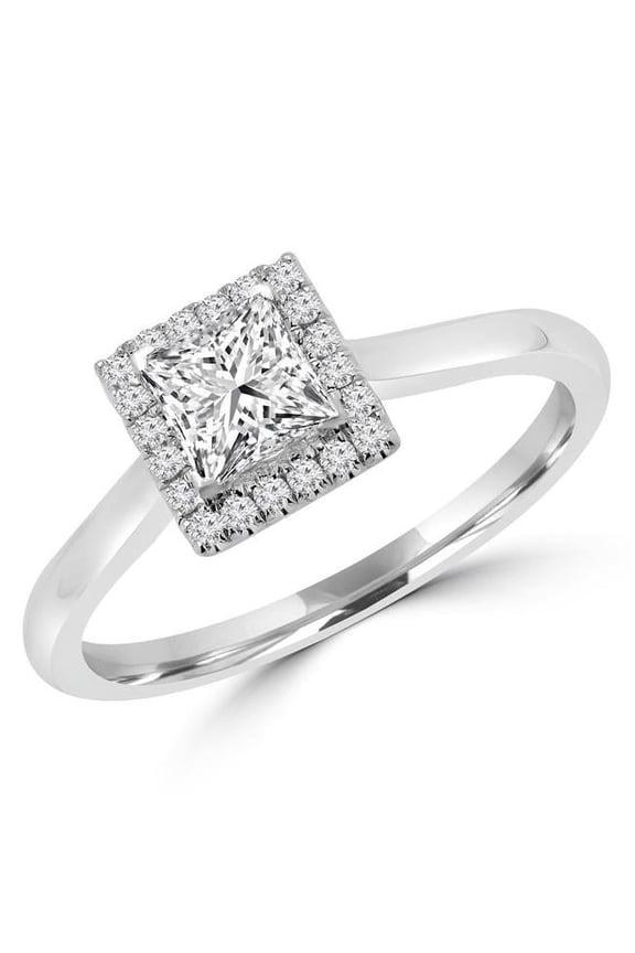 MD180476-8 0.62 CTW Princess Diamond Promise V-Prong Halo Engagement Ring in 14K White Gold - Size 8