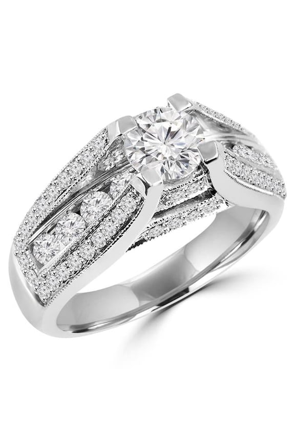 MD180537-4 1.4 CTW Round Diamond vintage Three-Row Solitaire with Accents Engagement Ring in 14K White Gold - Size 4