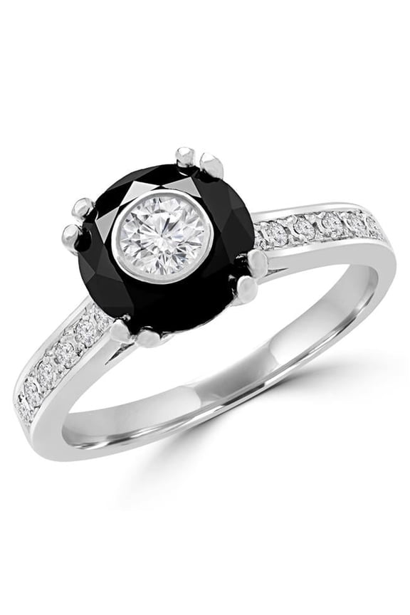 MD180610-4 1.1 CTW Round Black Diamond Double Prong Simion Solitaire with Accents Engagement Ring in 14K White Gold - Size 4
