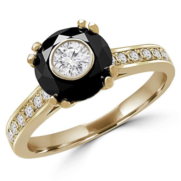 Majesty Diamonds MD180611-7 1.1 CTW Round Black Diamond Double Prong Simion Solitaire with Accents Engagement Ring in 14K Yellow Gold - Size 7