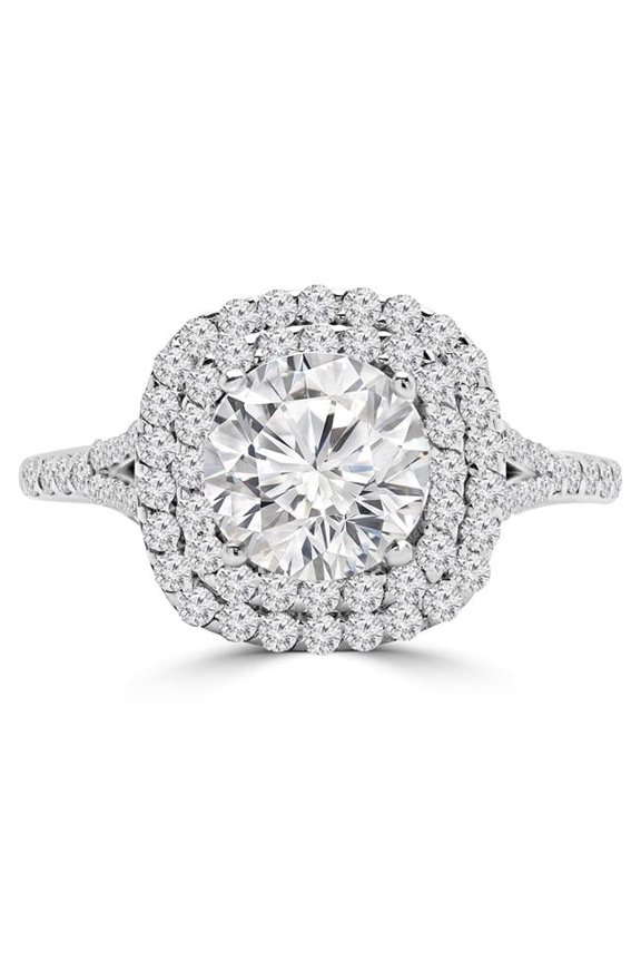 MD190205-9 1.25 CTW Round Diamond Double Cushion Split Shank Cathedral Halo Engagement Ring in 14K White Gold with Accents - Size 9