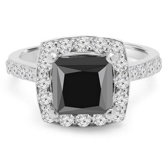 Majesty Diamonds MD190210-4.25 2.875 CTW Princess Black Diamond Cushion Halo Engagement Ring in 14K White Gold with Accents - Size 4.25