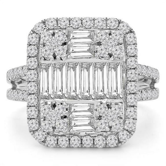 Majesty Diamonds MD190285-3 2 CTW Baguette Diamond Vintage Cluster Cushion Halo Cocktail Ring in 18K White Gold - Size 3