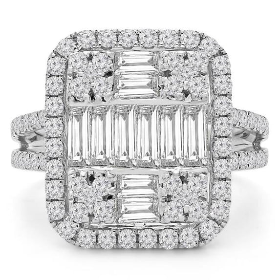 Majesty Diamonds MD190285-4.25 2 CTW Baguette Diamond Vintage Cluster Cushion Halo Cocktail Ring in 18K White Gold - Size 4.25