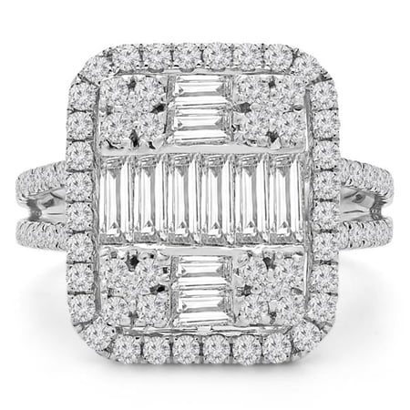 Majesty Diamonds MD190285-5 2 CTW Baguette Diamond Vintage Cluster Cushion Halo Cocktail Ring in 18K White Gold - Size 5