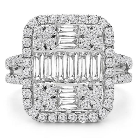 Majesty Diamonds MD190285-6 2 CTW Baguette Diamond Vintage Cluster Cushion Halo Cocktail Ring in 18K White Gold - Size 6