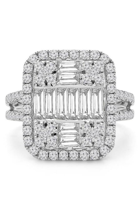 MD190285-9 2 CTW Baguette Diamond Vintage Cluster Cushion Halo Cocktail Ring in 18K White Gold - Size 9