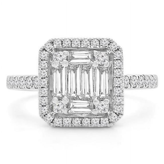 Majesty Diamonds MD190287-7.5 0.8 CTW Baguette Diamond Cluster Princess Halo Engagement Ring in 18K White Gold with Accents - Size 7.5