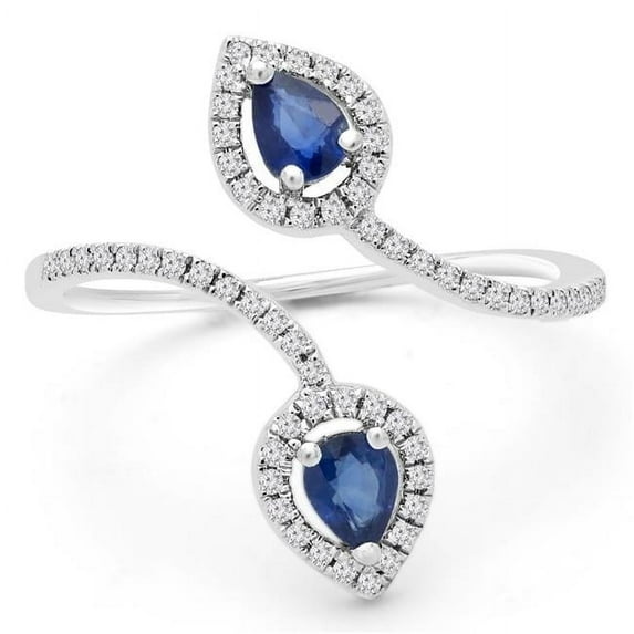Majesty Diamonds MD190321-3.5 0.5 CTW Round Blue Sapphire Two Stone Pear Halo Cocktail Ring in 14K White Gold - Size 3.5