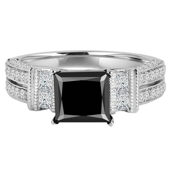 Majesty Diamonds MD190393-3 2.8 CTW Princess Black Diamond Two-Row Solitaire with Accents Engagement Ring in 14K White Gold - Size 3