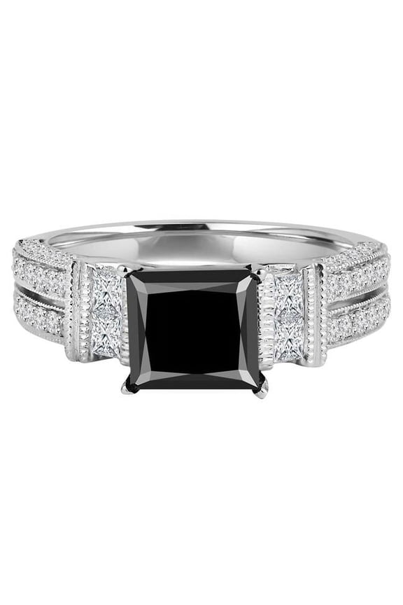 MD190393-7.25 2.8 CTW Princess Black Diamond Two-Row Solitaire with Accents Engagement Ring in 14K White Gold - Size 7.25