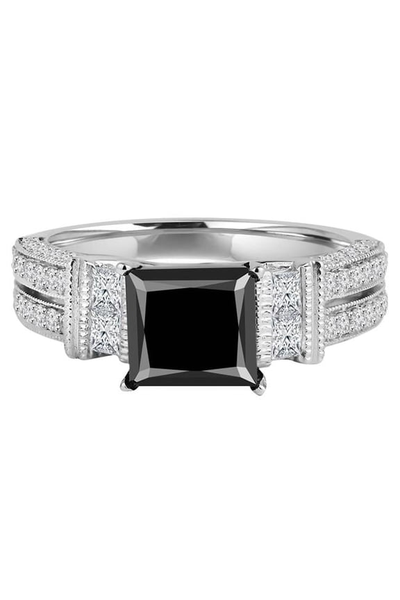 MD190393-8 2.8 CTW Princess Black Diamond Two-Row Solitaire with Accents Engagement Ring in 14K White Gold - Size 8