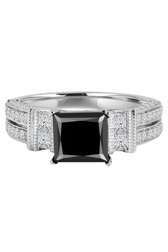 MD190393-9 2.8 CTW Princess Black Diamond Two-Row Solitaire with Accents Engagement Ring in 14K White Gold - Size 9