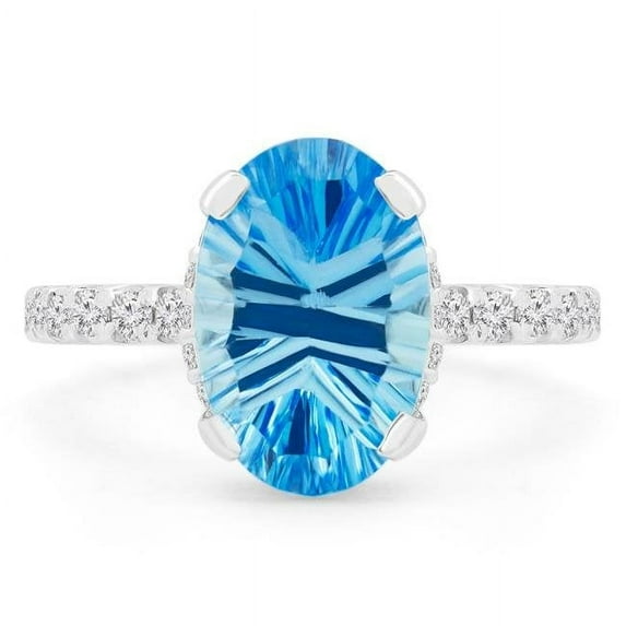 Majesty Diamonds MD190405-7.5 4.2 CTW Oval Blue Topaz Laser Cut Under Halo Engagement Ring in 14K White Gold - Size 7.5