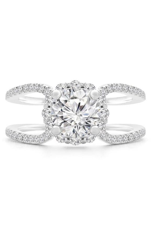 MD190545-4 1.4 CTW Round Diamond Split-shank Halo Engagement Ring in 18K White Gold - Size 4