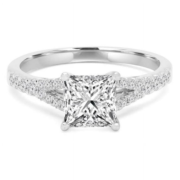 Majesty Diamonds MD210094-7.5 1 CTW Princess Diamond Split-Shank 4-Prong Solitaire Engagement Ring with Accents in 14K White Gold - Size 7.5