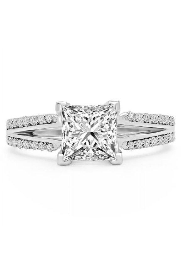 MD210140-4 0.63 CTW Princess Diamond Two-Row Split-Shank Solitaire Engagement Ring with Accents in 14K White Gold - Size 4