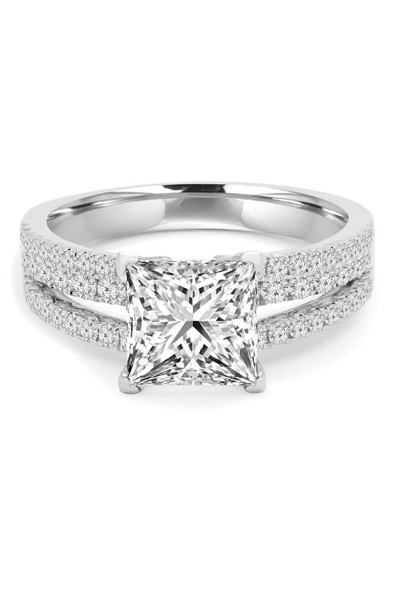 MD210196-4 1.6 CTW Princess Diamond Split-Shank Three-Row Solitaire Engagement Ring with Accents in 14K White Gold - Size 4