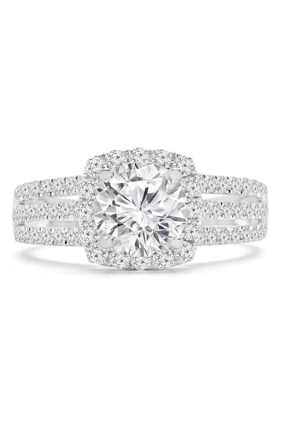 MD210355-4 1.75 CTW Round Diamond Split-Shank Halo Engagement Ring with Accents in 14K White Gold - Size 4