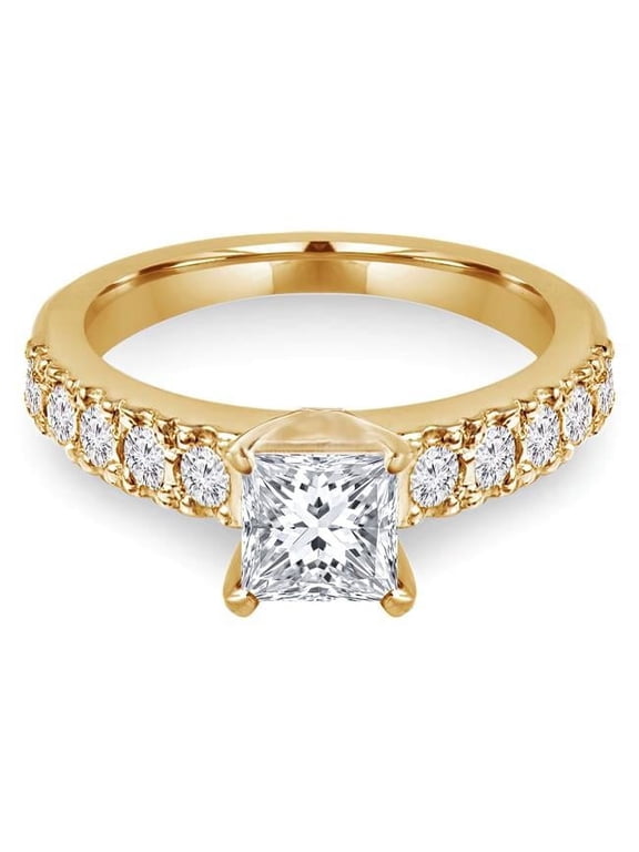 MD240127-7 1.2 CTW Princess Diamond Solitaire with Accents Engagement Ring in 14K Yellow Gold - Size 7