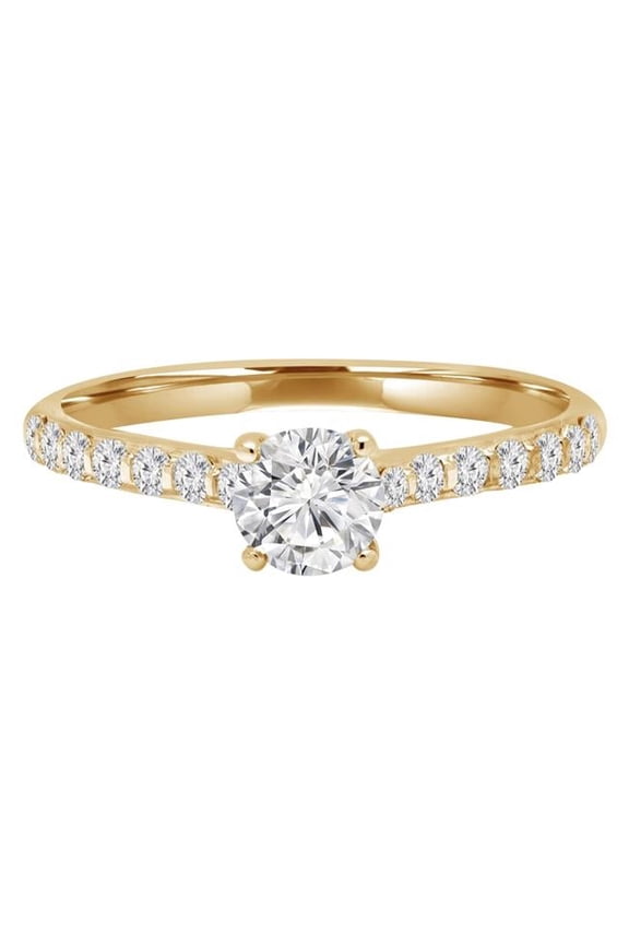 MD240140-3 0.6 CTW Round Diamond Shared-Prong Trellis Solitaire with Accents Engagement Ring in 14K Yellow Gold - Size 3
