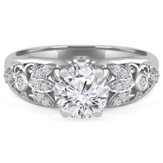 Majesty Diamonds MD240188-4 1.13 CTW Round Lab Created Diamond Vintage Floral Solitaire with Accents Engagement Ring in 14K White Gold - Size 4