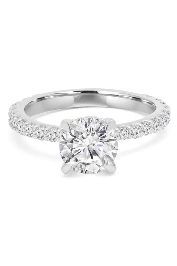MD240254-9 2.5 CTW Round Lab Created Diamond Tapered Hidden Halo Solitaire with Accents Engagement Ring in 14K White Gold - Size 9