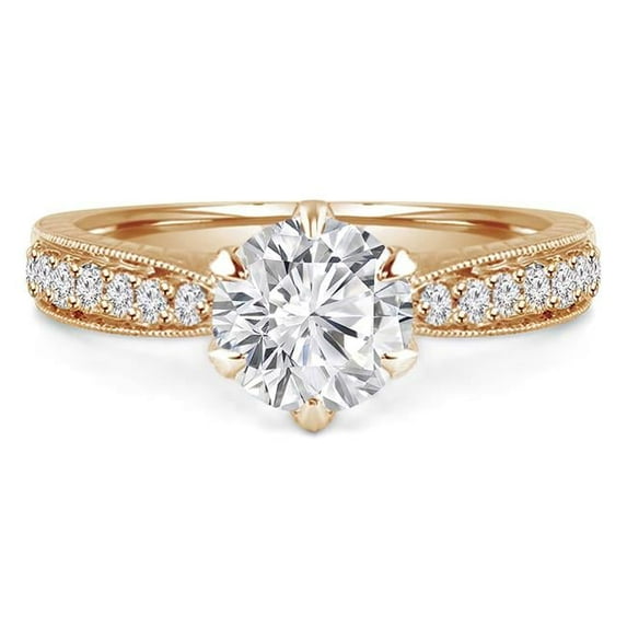 Majesty Diamonds MD240262-6 1.1 CTW Round Lab Created Diamond Vintage 6-Prong Tapered Solitaire with Accents Engagement Ring in 14K Yellow Gold - Size 6