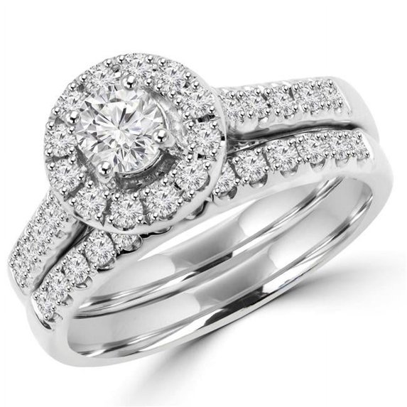 Majesty Diamonds MDR150042-5.25 1 CTW Round Diamond Halo Engagement Ring Wedding Band Bridal Set in 14K White Gold - Size 5.25