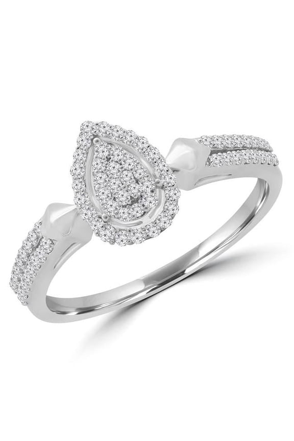 MDR190071-6.5 0.25 CTW Round Diamond Double Row Promise Pear Cluster Halo Engagement Ring in 14K White Gold - Size 6.5