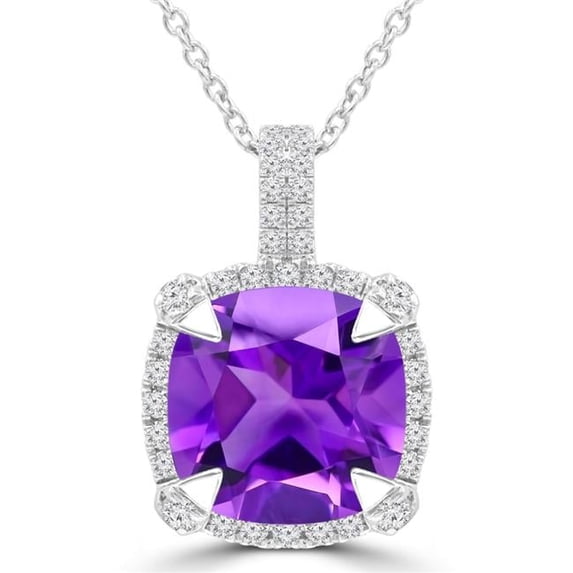 Majesty Diamonds MDR220149 3.4 CTW Cushion Purple Amethyst Claw Prong Diamond Cushion Halo Pendant Necklace in 14K White Gold