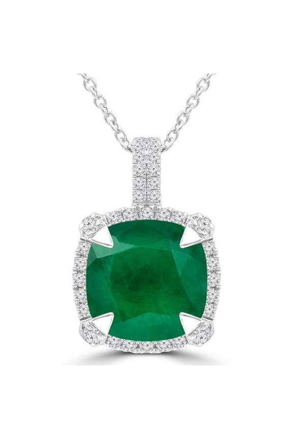 MDR220150 3.88 CTW Cushion Green Emerald Claw Prong Cushion Halo Pendant Necklace in 14K White Gold