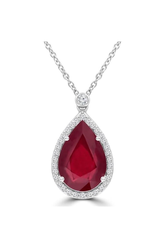 MDR220176 4.2 CTW Pear Red Ruby Pear Halo Pendant Necklace in 14K White Gold